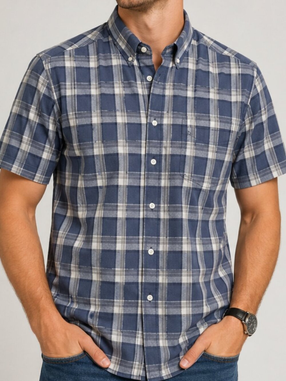 Arnold Palmer Men's Plaid Button-Up Shirt Size Medium Blue Gray Short Sleeve